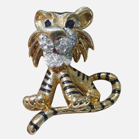 Jomaz Brooch Pin Vintage Gold Rhinestone Tiger Cat Black Enamel Stripes Crystal - Picture 1 of 11
